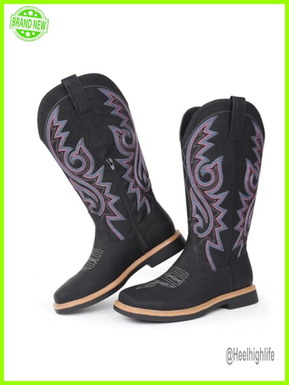 Hawkwell Women's Embroidered Cowboy Boots Square Toe Faux Leather Mid-Calf